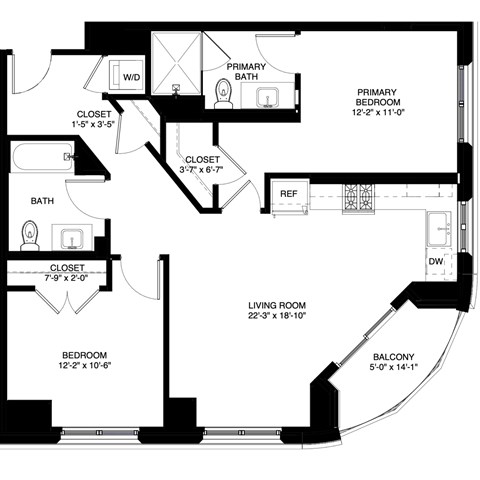Floor plan for 2 beds, 2 baths, 1118 sqft
